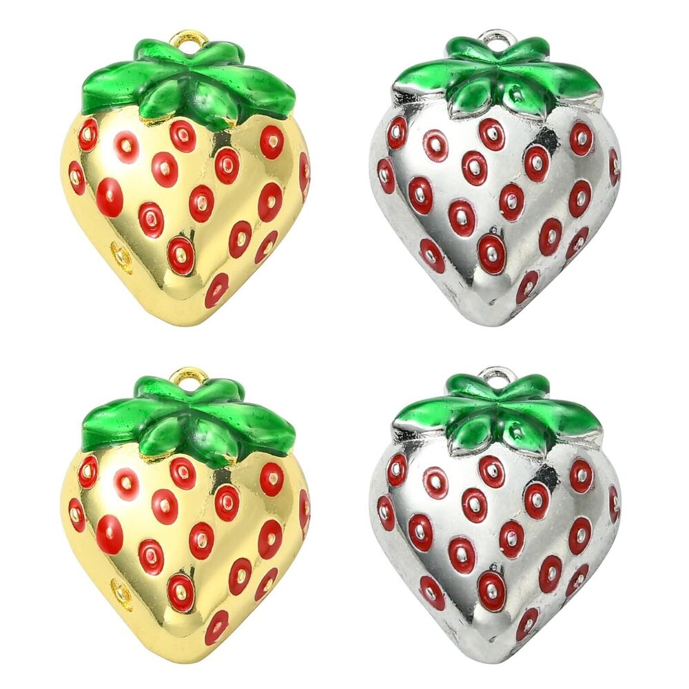 4948 4 Pcs Brass Strawberry Enamel Charms Dual-Tone Fruit Jewelry Pendants